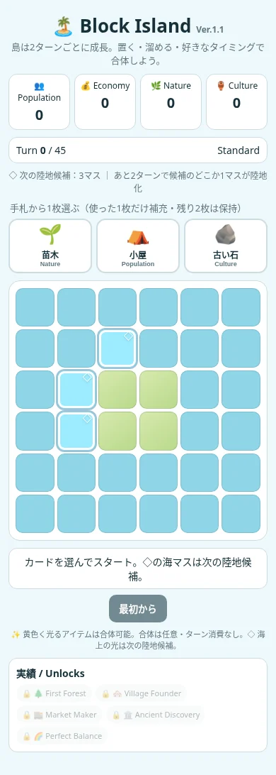 Block Island Ver.1.1の実画面。水色の海と緑色の陸に絵文字の手札が並ぶ