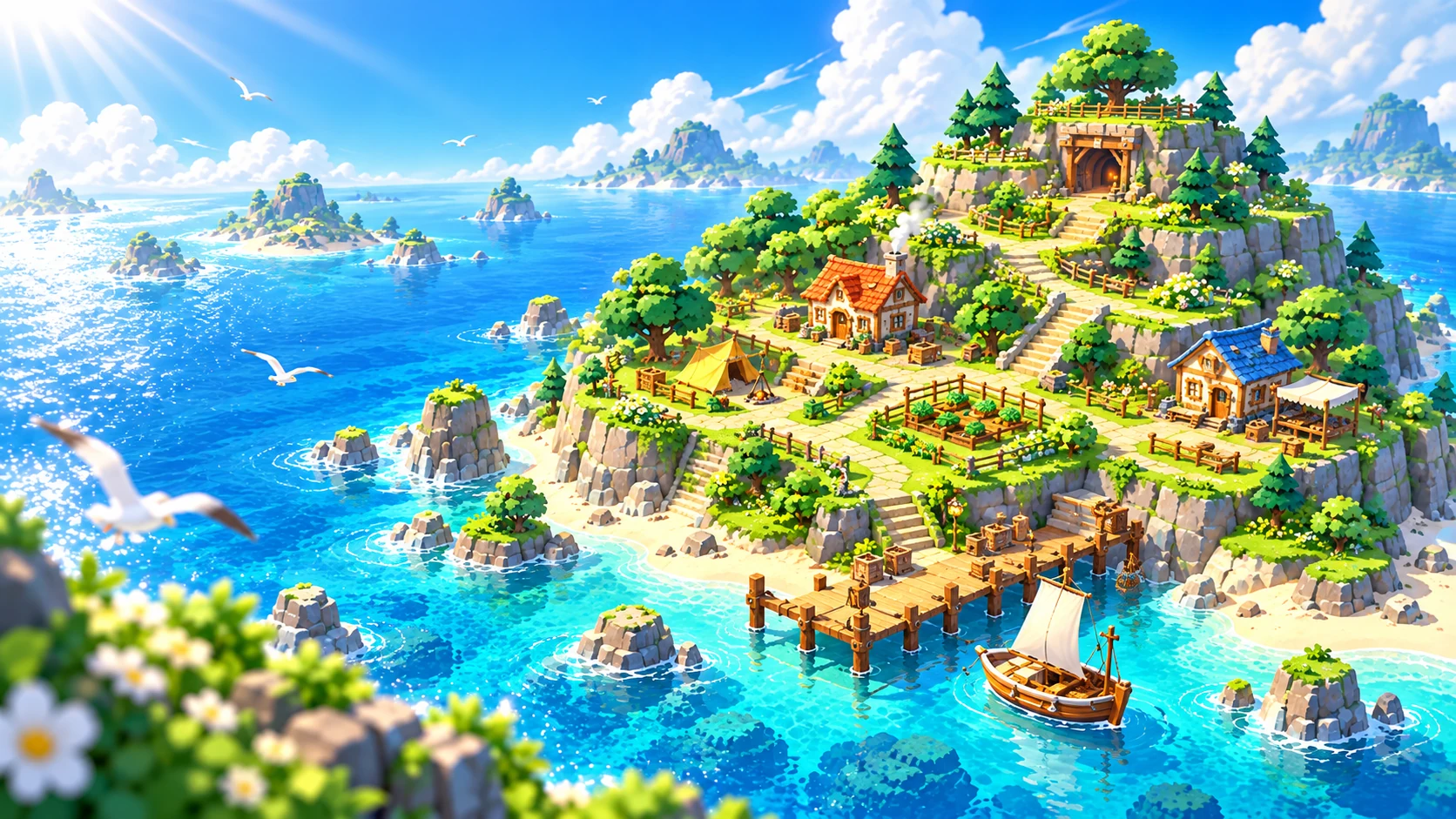 AI GAME NESTALEの新規コンセプトアート。海に浮かぶ村、畑、洞窟、桟橋と帆船（実ゲーム画面ではありません）